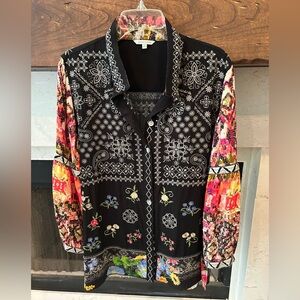 John Mark Black Multicolor Boho Floral Button-Up